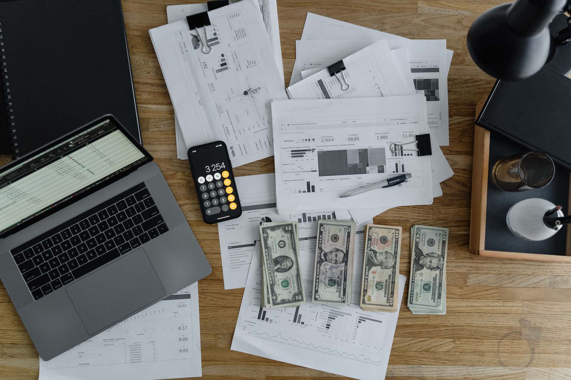 Receipts and invoices arranged on a desk